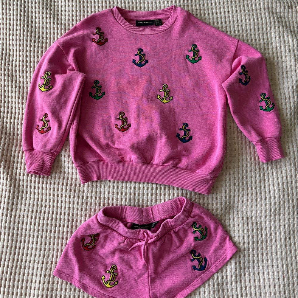 Mini Rodini anchor embroidered pink sweatshirt 116/122 5-7Y with matching shorts - Picture 4 of 7